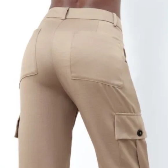 NWT Zara LARGE Satin Effect High Waisted Cargo Pants Sand Light Brown - Picture 8 of 15